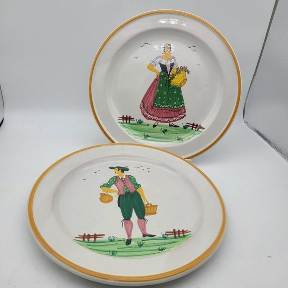 set (2) Italy plates handmade and hand painted 9.75" #6838 countryside peasants - Picture 1 of 8